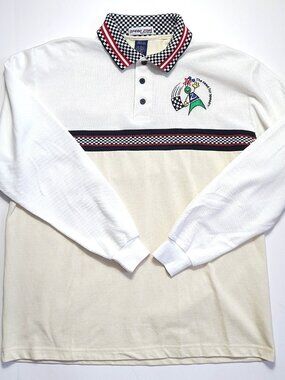 Vtg Speed Zone Race Gear Cotton Sz Large Long Sleeve Polo Check Embroidery White